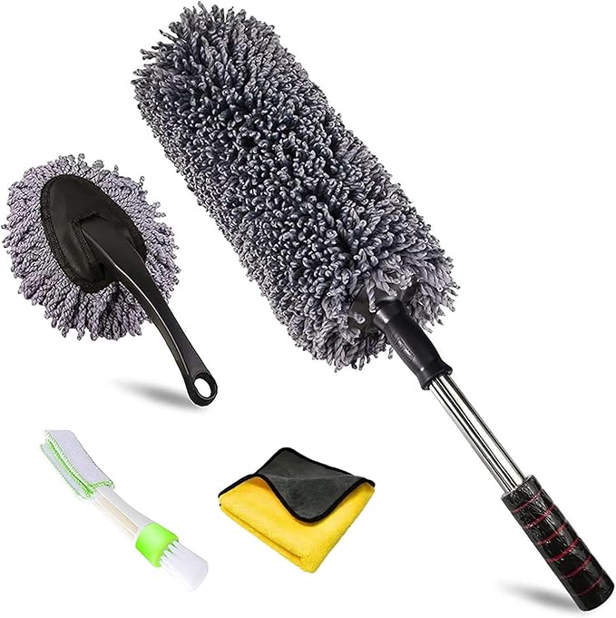 4Pcs Car Duster Kit, Multipurpose Dense Microfiber Duster for Car Exterior & Interior Cleaning, Dashboard A/C Vents Detailing Brush, Scratch Free Lint Free, Extendable Handle