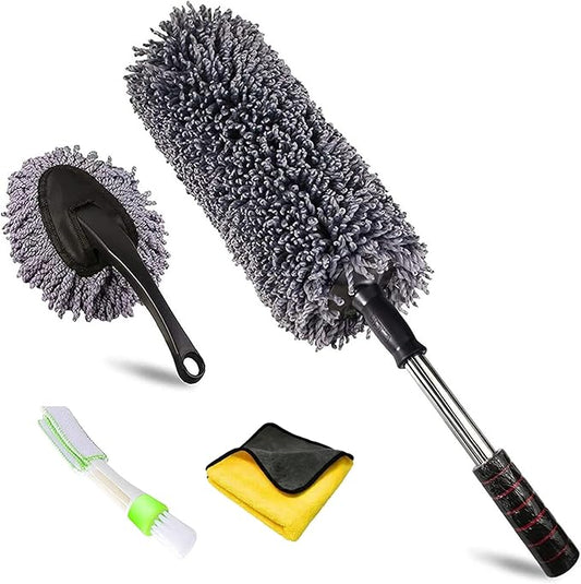 4Pcs Car Duster Kit, Multipurpose Dense Microfiber Duster for Car Exterior & Interior Cleaning, Dashboard A/C Vents Detailing Brush, Scratch Free Lint Free, Extendable Handle