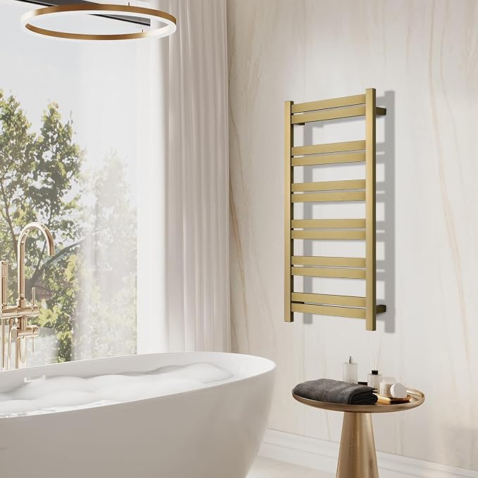Electric Towel Warmer - Wall Mounted Bathroom Heated Towel Rack, Plug-in Design & Brushed Stainless Steel Finish Gold