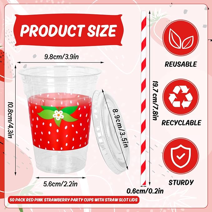 FYSUIMU 50Pcs 12Oz Strawberry Disposable Plastic Cups with Lids and Straws Sweet Fruit Theme Cold Beverage Drinking Cups for Home Kitchen Summer Birthday Supplies