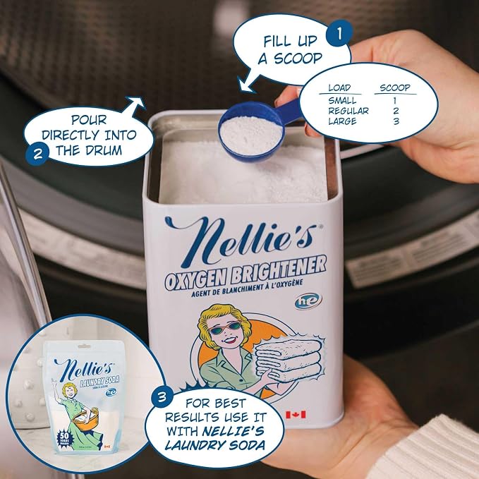 Nellie's Oxygen Brightener - 100 Scoops - Planet Friendly Stain Remover - Safe Alternative to Bleach - Septic-Safe Formula - Compact Powder Form - Made in Canada | Chlorine-Free, Colour-Safe & Septic-Safe, Concentrated Oxygen Brightener Powder, Made in...