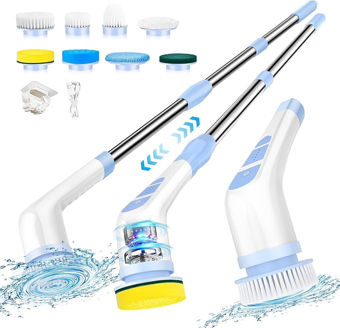 Electric Spin Scrubber Cordless Shower Scrubber with Long Handle, Cleaning Brush with 8 Replaceable Brush Heads, Electric Scrubber for Cleaning Bathroom Shower Floors Tub Tile