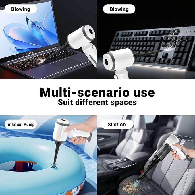 3-in-1 Handheld Vacuum 6500Pa | Vacuum+Blow+Inflate | 4 Nozzles | for Car/Keyboard/Pet Hair/Crevice | Type-C Fast Charge White