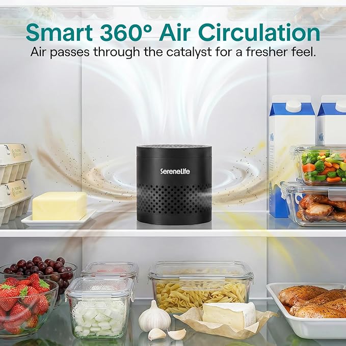 SereneLife Fridge Deodorizer & Odor Eliminator, Multi-Use Refrigerator Deodorizer Aluminum Pod for Freezer, Closet, Car, Shoes & Enclosed Spaces, Compact, Reusable & Lasts Up to 10 Years (Black)