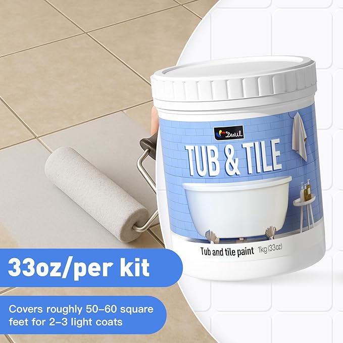 DWIL Tub and Tile Refinishing Kit, Water Based Tile Paint, Quick-Dry Tub Paint Low Odor for Bathroom, Kitchen, Toilets, Semi-Gloss Light Gray, 50-55sq.ft, 33oz