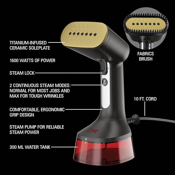 CHI Handheld Garment Steamer for Clothes, 1600W, 20-Minutes Steam Time, 300ml Water Tank, 2 Steam Modes, Portable, Fabric Brush, Ergonomic Handle, 10' Cord