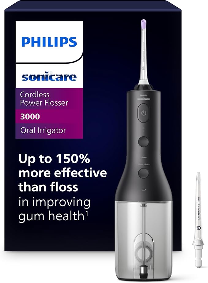 Philips Sonicare Cordless Power Flosser 3000 - Water Flosser with Innovative Quad Stream Technology, Oral Irrigator with 2 Flossing Modes and 3 Pressure Levels, IPX7 Waterproof, Black, HX3826/23