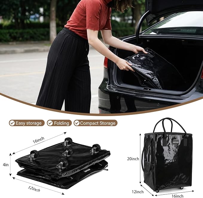 Reusable Grocery Bag on Wheels, Portable Tote Bag Shopping Bag with Wheels, Rolling Tote Bag Collapsible with Wheels for Groceries, Organization or Moving, Heavy Duty Utility Tote Bag
