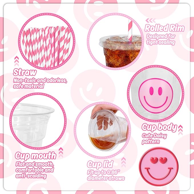 Whaline 50 Pcs Preppy Smile Face Cups with Lids and Straws 12oz Pink Happy Face Disposable Plastic Party Cups Happy Smile Cold Beverage Drinking Cup for Birthday Party Baby Shower Wedding