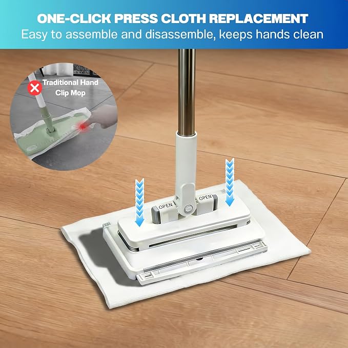Mini Mop, Hands-Free One-Touch Pad Release, 360° Rotating Head, Wet & Dry, Extends Up to 48in Handle, Zero-Cost Old Cloth Compatible for Hardwood Floors, RV & Pet Hair