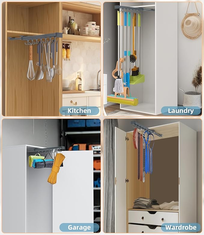 Pull Out Broom Holder, Multifunctional Slide Broom And Mop Storage/Organizer With Adjustable Double Row Sliding Hook, Garage Organization Hooks, for Closet Laundry Garage Kitchen - 41cm/16.141inch