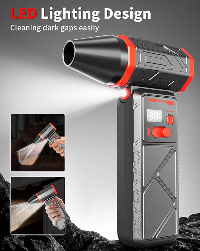 Electric Compressed Air Duster, 150000RPM Cordless Air Blower with 8000mAh Rechargeable Battery, Stepless Speed, Adjustable 90° Nozzle, LED Light for PC Cleaning, Keyboard, Car Interior, Home