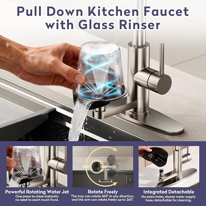 HOWUWEY Kitchen Faucet with Pull Down Sprayer & Cup Washer, Glass Rinser Faucet for Kitchen Sink, Single Handle Waterfall 1 or 3 Hole Tap for Bar Sink Farmhouse Camper Laundry Rv (Brushed Nickel)
