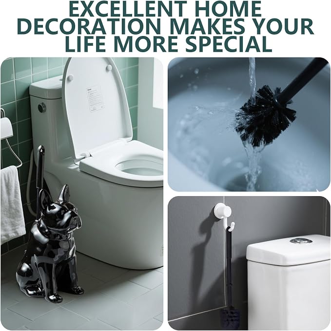 Toilet Brush Holder Set for Bathroom Cute Dog Base Solidly Toilet Bowl Brush Holder and Decorative Bathroom Ceramic Cleaning Kit with Brush and Holder (Black)