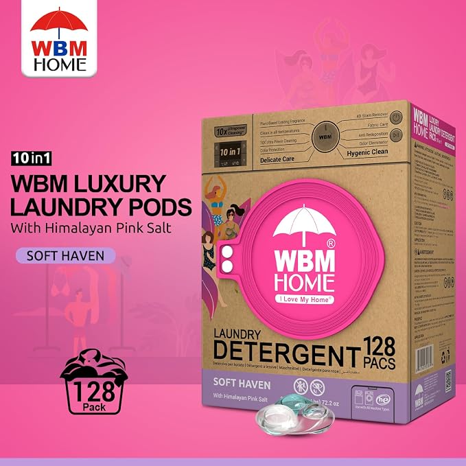 WBM Home Laundry Pods, Total 128 Count | Specially Designed for Undergarments With Soft Heaven Fragrance | Laundry Detergent Pods Formulated With Plant-Based Formula and Gentle Stain Remover