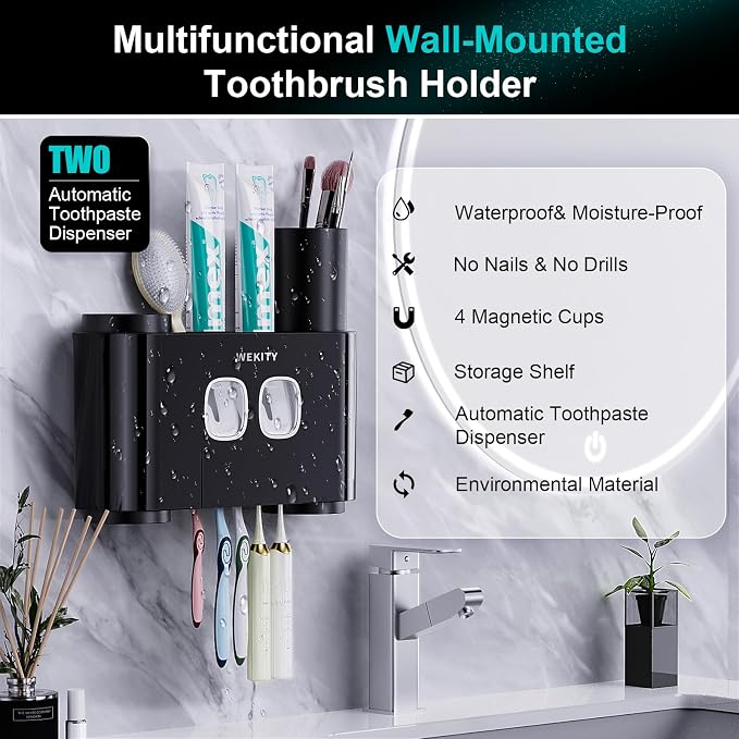 2 Toothbrush Holders Wall Mounted, Multi-Functional Toothbrush Holder,Toothpaste Dispenser for Bathroom with 5 Toothbrush Slots, 2 Toothpaste Squeezers and 4 Cups