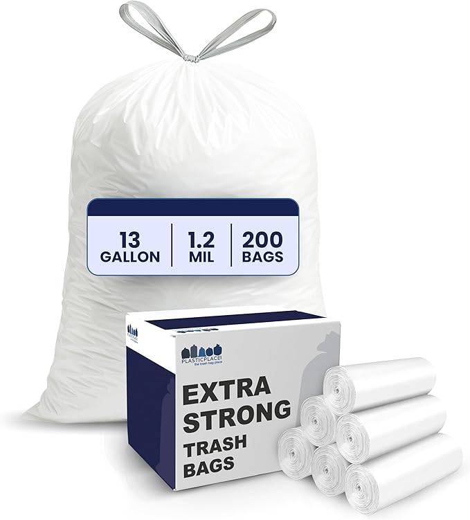 Plasticplace 13 Gallon Trash Bags â”‚ 1.2 Mil â”‚ White Drawstring Garbage Can Liners â”‚ 24" x 31", 200 Count (Pack of 1)