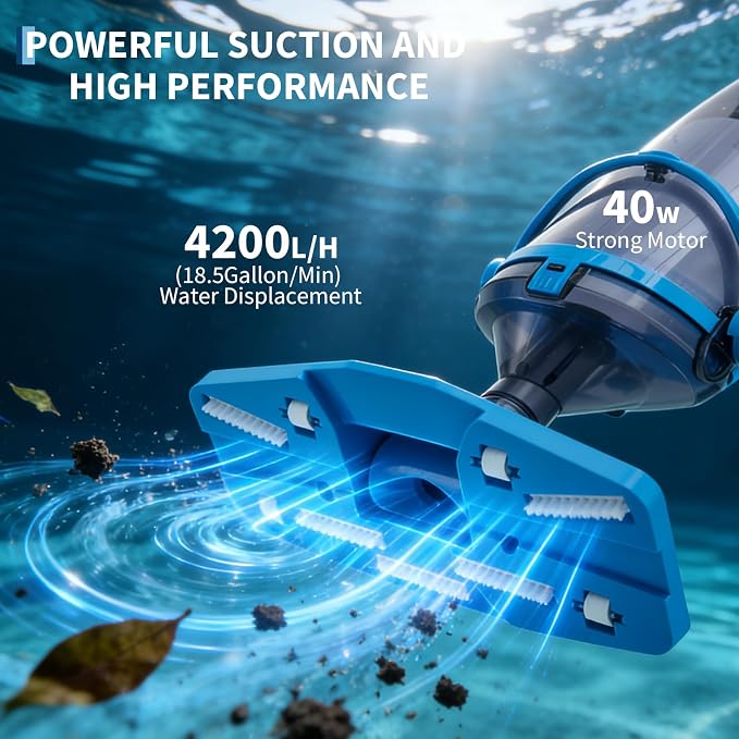 Garvee Cordless Pool Vacuum with Telescopic Pole, 18.5 GPM Powerful Suction, 60 Min Runtime, Handheld Rechargeable Pool Vacuum Cleaner for Above Ground/Inground Pools Hot Tubs Spas
