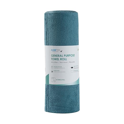Restaurantware-Clean Tek Professional 11.8 x 11.8 Inch Microfiber Towel Rolls, 30 Reusable Towel Rolls - 30 Tear Away Sheets Per Roll, Perforated, Teal Microfiber Cloth, For All The Cleaning Tasks