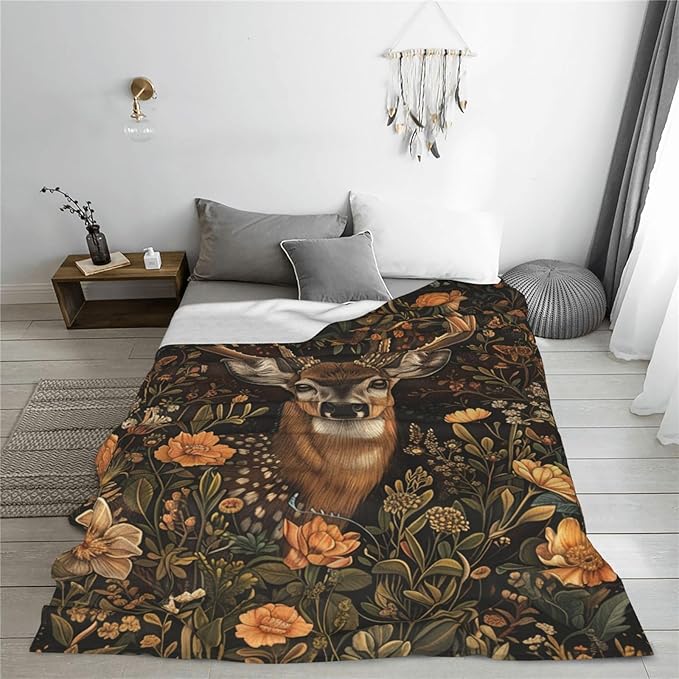 Deer Blanket Vintage Forest Sika Deer Elk Decor Throw Blanket Comfy Plush Flannel Fleece Warm Soft Fluffy Fuzzy Winter Blanket Reindeer Gifts for Girls Boys Women Teens for Bed Sofa Couch 50"X60"