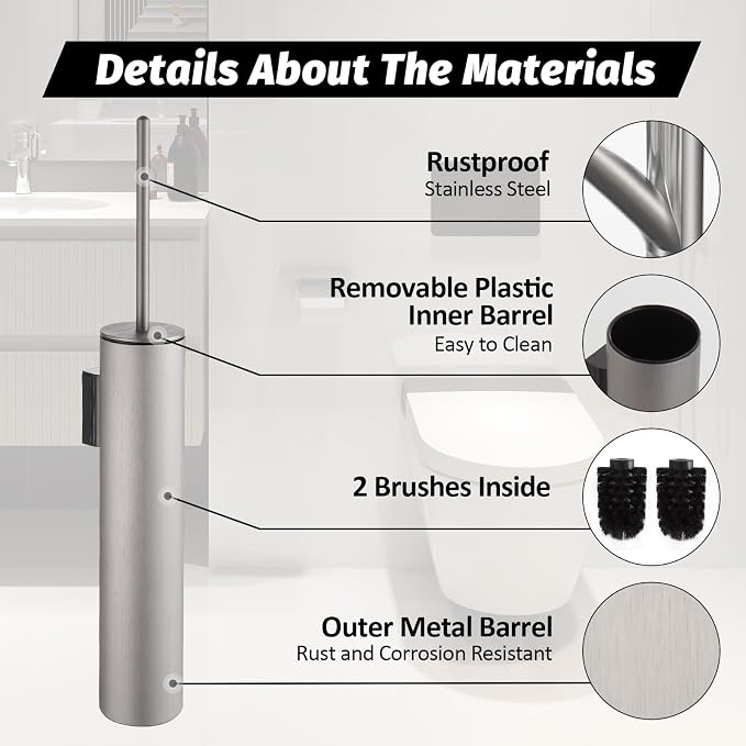 BGL Toilet Brush and Holder Set Brushed Nickel Wall Mounted for Bathroom Round Design