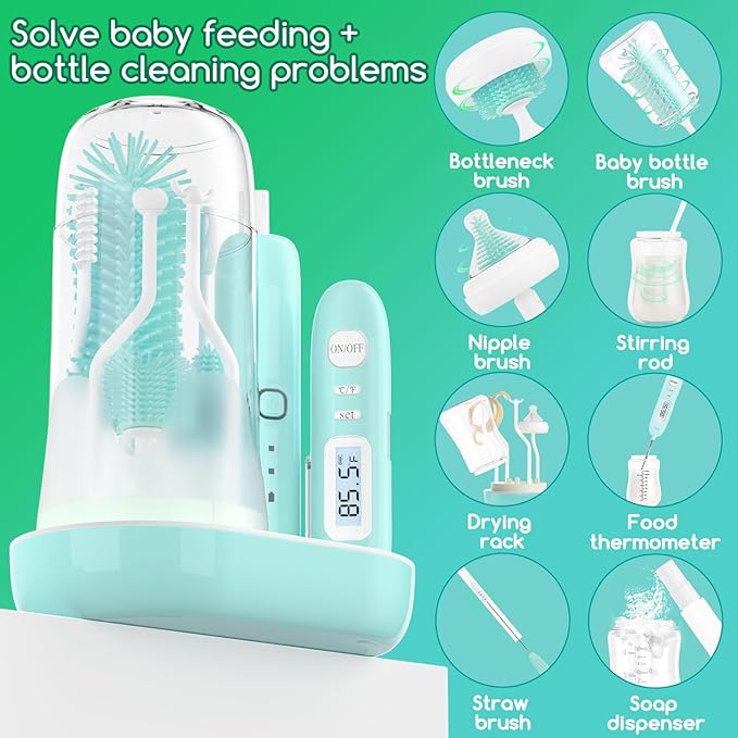 Electric Bottle Brush Cleaner,Wireless Charging Electric Baby Bottle Brush Cleaner,Nipple/Straw/Bottleneck Brush,Food Thermometer,Formula Mixer-IPX7 Waterproof,Travel Bottle Cleaner Kit for Newborn