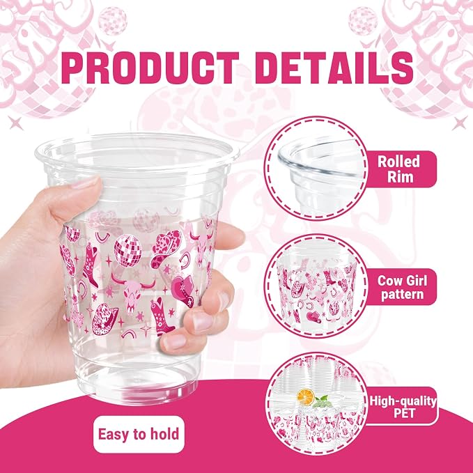 100 Pcs Pink Cowgirl Plastic Cups,16 oz Disco Western Cowgirl Clear Disposable Plastic Cups Drinking Cups for Cowgirl Birthday Baby Shower Lets Go Girls Party Supplies