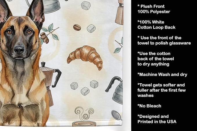 Caroline's Treasures Belgian Malinois Coffee Bar Kitchen Towel Velour Plush Front and Cotton Loop Back Machine Washable