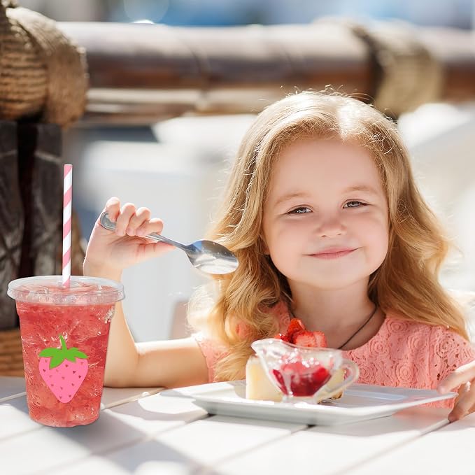 Whaline 50Pcs Strawberry Disposable Plastic Cups with Lids and Straws 12 Oz Pink Summer Fruit Cold Beverage Drinking Cups for Sweet One First Birthday Party Supplies Table Decor