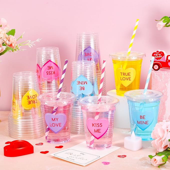 FYSUIMU 100Pcs Valentine's Day Plastic Cups with Lids and Straws 12oz Conversation Heart Disposable Candy Conversation Heart Cold Beverage Drinking Cup for Valentines Wedding Birthday Party Supplies