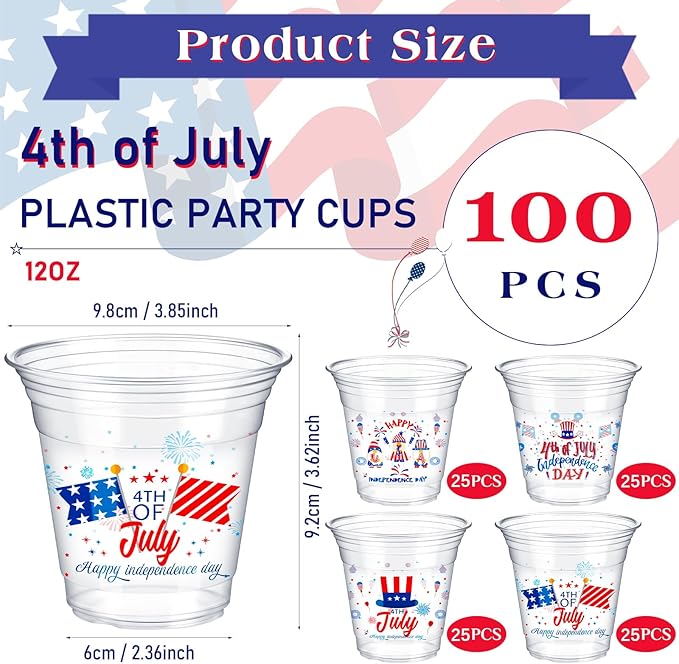 Tanlade 100 Pcs 4th of July Plastic Cups 12 oz Patriotic Red White and Blue Cups Disposable American Flag Design 250th Anniversary Party Supplies for Fourth of July Independence Day Decorations