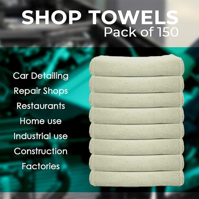 Avalon Towels Cotton Shop Rags – (Pack of 150) Size 12x14 Inches Cleaning Rags – Absorbent Shop Towels and Multipurpose Cleaning Towels for Automobiles, Industries, Garage and Homes (Natural)