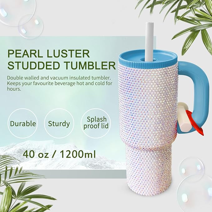 HWISDMIG 40oz Tumbler with Handle-Glitter Rhinestones Tumbler Bling Cups Stainless Steel Water Bottle Diamond Studded Tumbler for Women-Birthday Gifts for Women, Mom, Girlfriend (Pearl Luster)