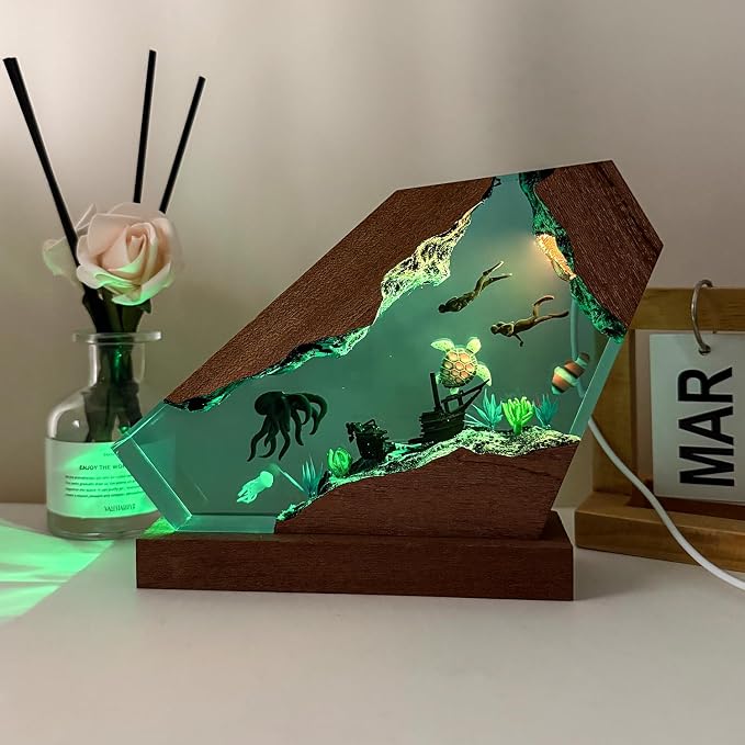 Octopus Resin Lamp, Handcrafted RGB Ocean Lamp with Wooden Base,Octopus Decor for Bedroom, Scuba Diving Gifts for Him & Her, Unique Birthday & Holiday Gifts (S 6"X4")
