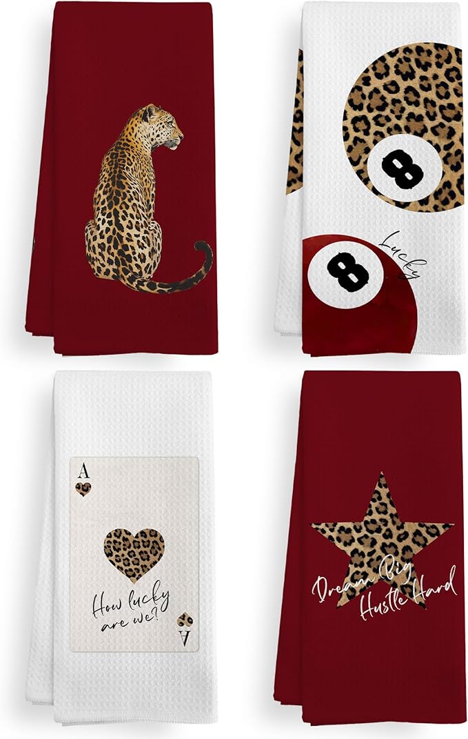 Trendy Leopard Cheetah Print Poker Lucky 8 Ball Bathroom Decor, Preppy Red Burgundy Maroon Decor Dish Hand Towels for Bathroom Kitchen Sets of 2, Cheetah Kitchen Towels and Dishcloths,16x24in