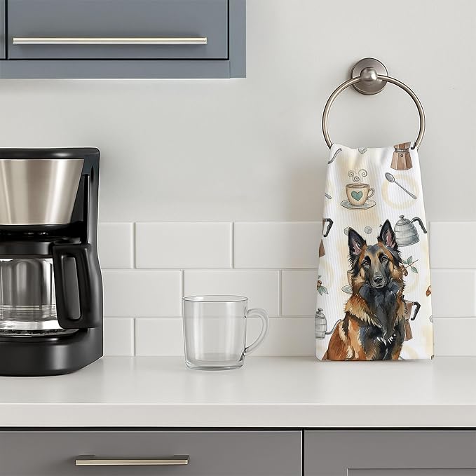 Caroline's Treasures Belgian Tervuren Coffee Bar Kitchen Towel Velour Plush Front and Cotton Loop Back Machine Washable