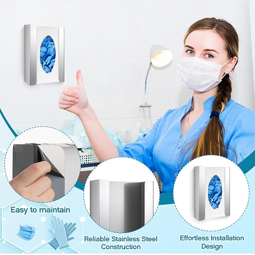 Blulu 1 Pcs Glove Box Holder Dispenser Stainless Steel Wall Mounted Box Organizer Wall Attachment Easily Store and Dispense Your Gloves Masks 9.75"H x 5.5"W X3.5"D