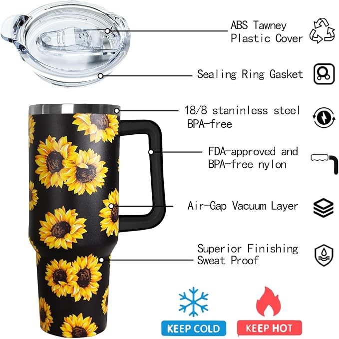Ceovfoi Sunflower 40 oz Insulated Stainless Steel Tumbler with Handle and Straw