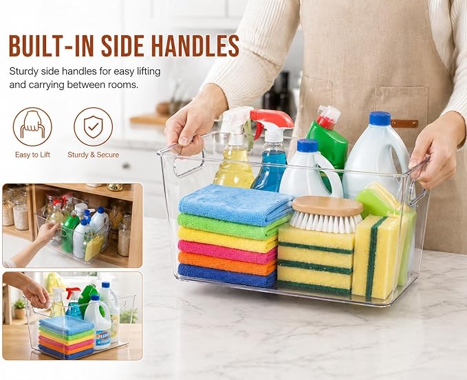 Clear Plastic Storage Bins, Pantry Organizers and Storage, Cleaning Supplies Organizer, Under Sink Storage, Snack Organizer, Multi-Use Organizer Bins for Chips, Vitamin, Spices, Makeup
