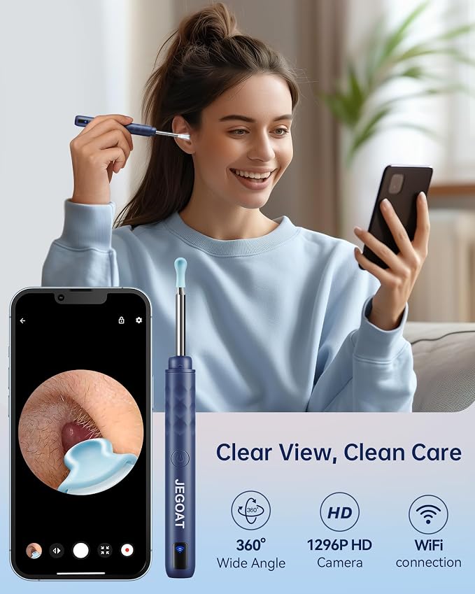 Jegoat Ear Wax Removal, Ear Wax Removal Tool Camera with 1296P HD Camera and 6 LED Lights, Ear Cleaner with 10 Ear Pick, Upgraded Ear Wax Removal Kit for iOS and Android, Navy Blue