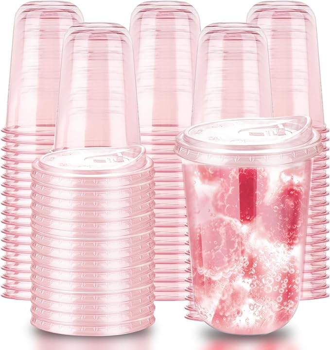16oz Disposable Stemless Glasses With Strawless Sip Lids,PET Disposable Drinking Cups,Clear Plastic Wine Glasses for Parties Birthday,Wedding,Meeting,Christmas Party Supplies (100, Pink)