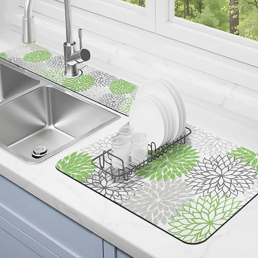 Dish Drying Mat for Kitchen Counter Matt, 2PCS 23"x15" Dish Drainer Mat & 24"x5.5" Sink Splash Guard, Super Absorbent Non-slip Rubber Backed