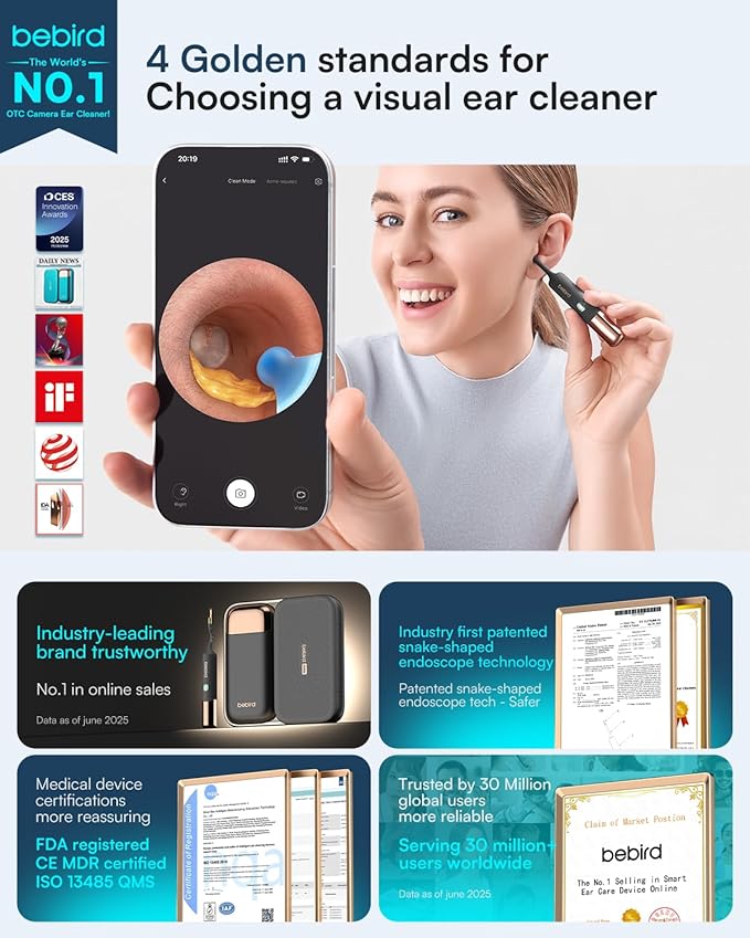 Bebird Earsight Ultra Ear Wax Removal Kit,2K HD Visual Ear Cleaner with Camera,FSA/HSA Eligible Flexible Ear Camera with 90-Minute Battery & Enhanced Light,Ear Cleaning Tool for Adults & Kids