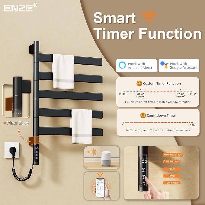 ENZE Smart Rotating Heated Towel Rack for Bathroom, 5-Bar Wall-Mounted Electric Towel Warmer with Swivel Bars, Wi-Fi App Control, 24H Timer, Stainless Steel, IPX5, Hardwired/Plug-in, Matte Black