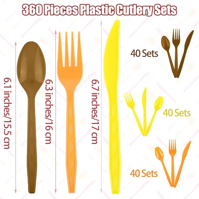 Kochorie 360 Piece Thanksgiving Plastic Cutlery Set Disposable Colorful Plastic Utensils Heavy Duty Flatware Set Include Orange Yellow Brown Knives Forks Spoons for Thanksgiving Party Wedding Birthday