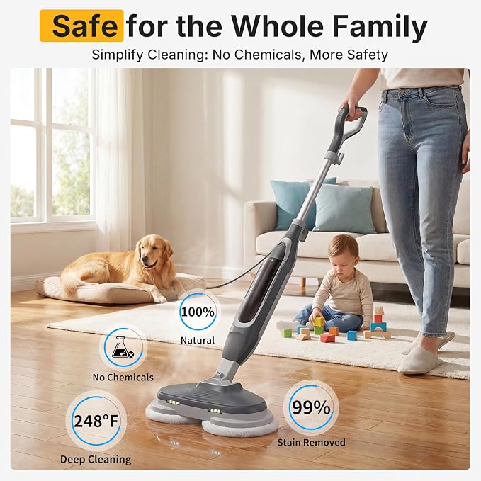 NEWBULIG Steam Mop, All-in-One Steam Mops for Floor Cleaning with Rapid Re-heat, Self-Standing Floor Steamer, 4 Rotating Scrub Pads, 2 LED Headlights, for Hardwood Floors & Tile