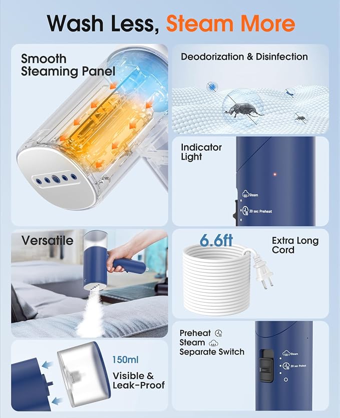 Handheld Steamer for Clothes, 1200W Foldable Travel Steamer, 20 Sec Preheat Garments Wrinkle Remover, 120V Portable Hand Iron with 150ml Water Tank, Clothes Steamer for Home Travel Blue