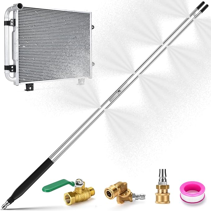 8 Nozzle Tips Double-Tube Radiator Cleaning Wand Tool Set, 34" Radiator Blower Wand, Radiator Cleaner Wand Air and Water With Complete Set of Adapters for Trucks, Trailers, Heavy Machinery and Car