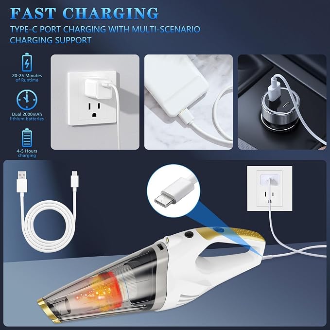 Handheld Vacuum Cordless Rechargeable, Portable Car Vacuum Cleaner | Strong Suction Hand Vacuum with LED Light, Washable Filters and Attachments for Car, Pet Hair, Home and Office