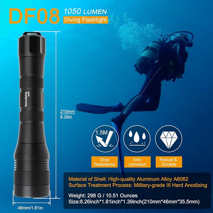 SecurityIng Waterproof 1000 Lumens LED Diving Flashlight Underwater 150m Super Bright LED Scuba Light, 9 Degrees Narrow-Angle Beam Diving Safety Light Night Dive Torch (with Batteries)